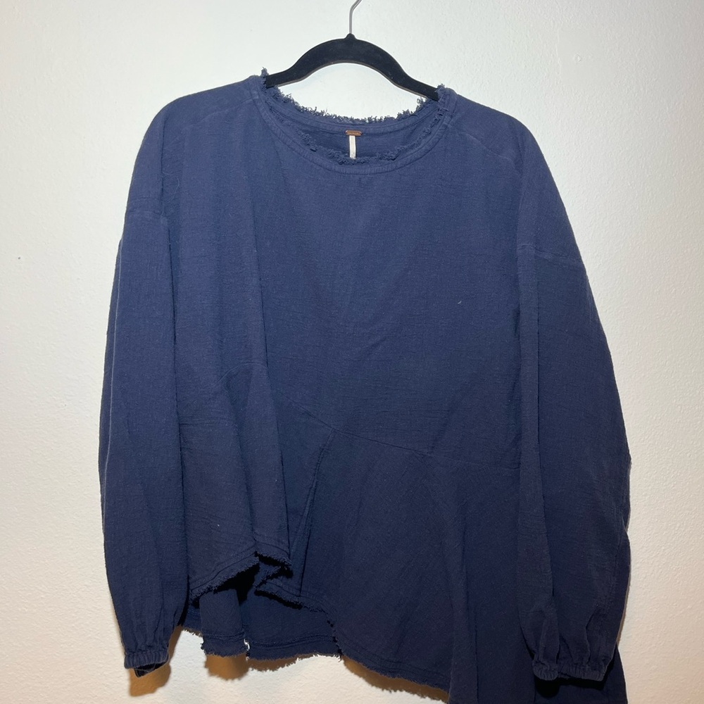 Free People Navy Asymmetrical Peplum Top Shirt